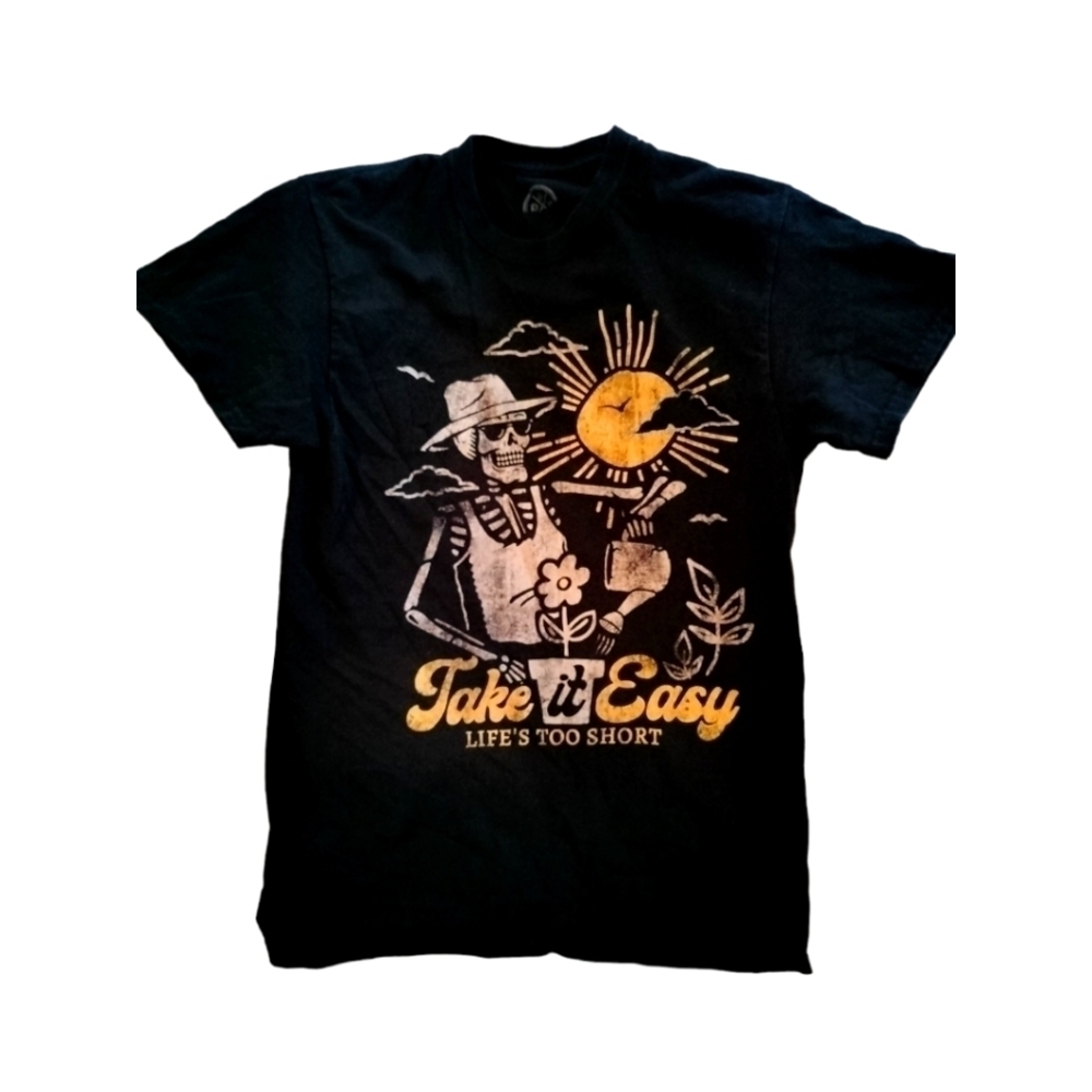 dom women's black small t-shirt short sleeve graphic skeleton flowers crew-neck